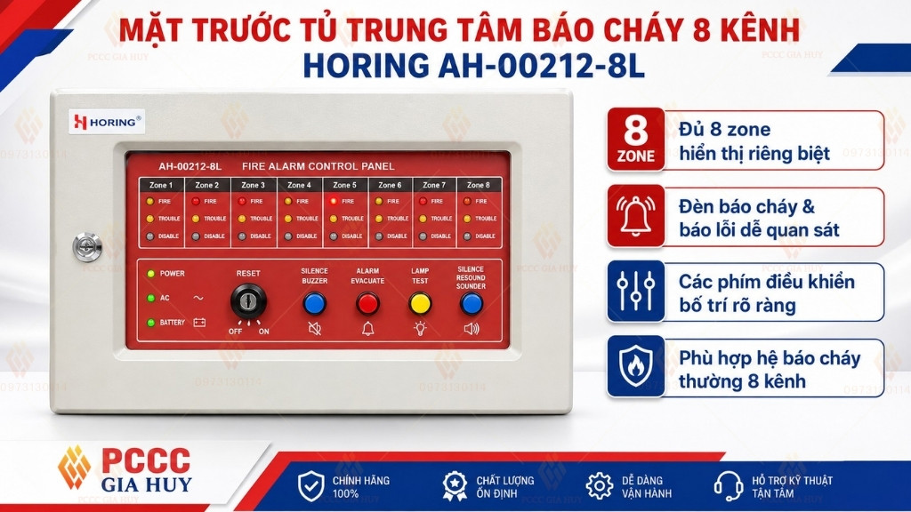 Mặt trước tủ trung tâm báo cháy 8 kênh Horing AH-00212-8L